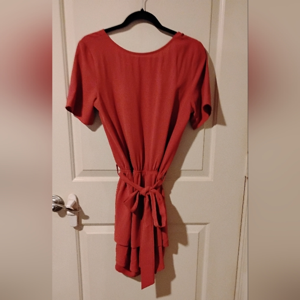 Orange Short Sleeve Romper With Tie Waist